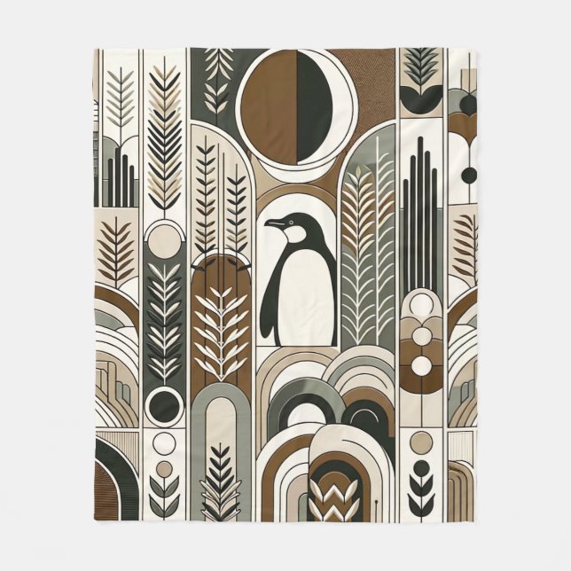 Taupe Mocha Abstract Grain Arcs Pattern Penguin Fleece Blanket (Front)
