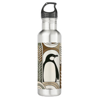 Taupe Mocha Abstract Grain Arcs Pattern Penguin Stainless Steel Water Bottle