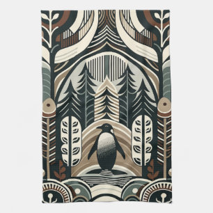 Taupe Mocha Ivory Penguin Forest With Arcs Trees Kitchen Towel