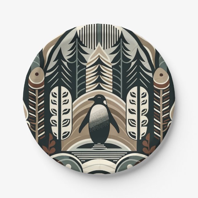 Taupe Mocha Ivory Penguin Forest With Arcs Trees  Paper Plates (Front)