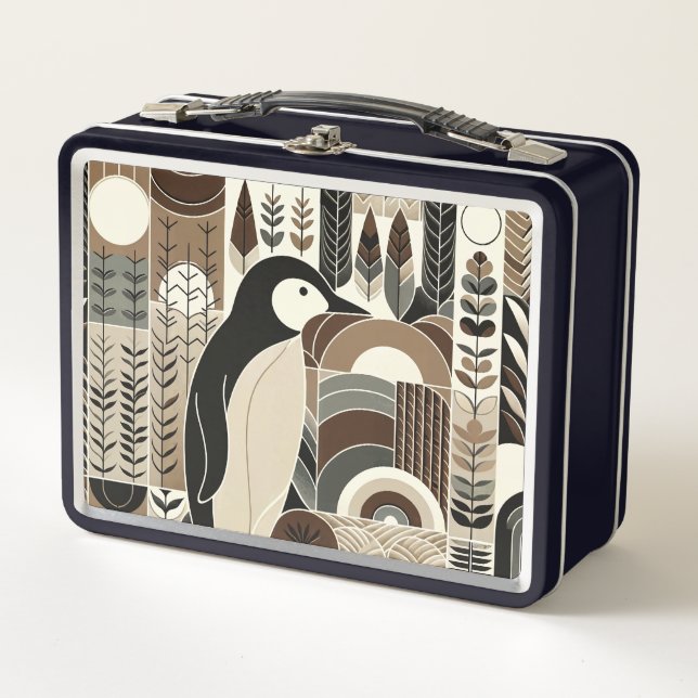 Taupe Mocha Ivory Penguin In Grain Forest Plants Metal Lunch Box (Front)