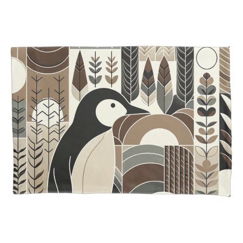 Taupe Mocha Ivory Penguin In Grain Forest Plants  Pillow Case