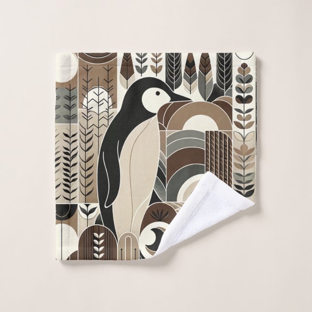 Taupe Mocha Ivory Penguin In Grain Forest Plants  Wash Cloth (Wash Cloth)