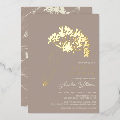 Taupe Modern Floral Bridal Shower Foil Invitation