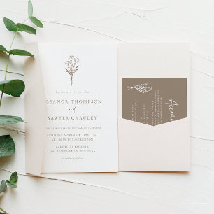 Taupe Modern Minimalist Floral Bouquet Wedding Invitation