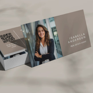 Taupe Modern Real Estate Professional Photo QR Business Card