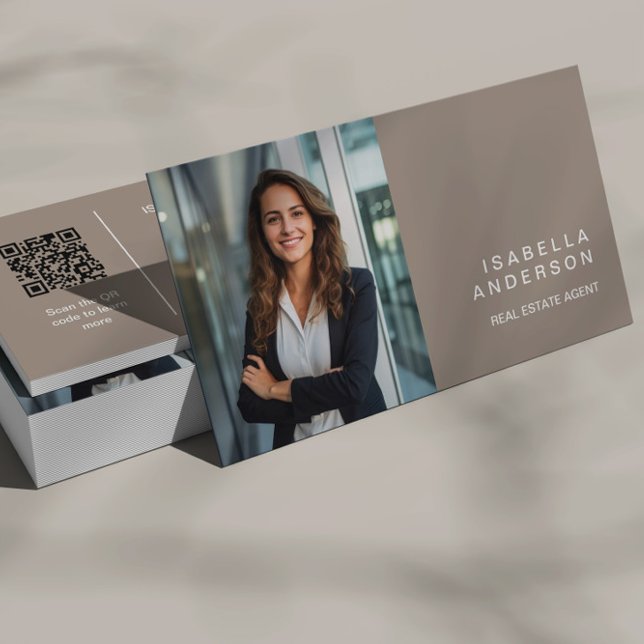 Taupe Modern Real Estate Professional Photo QR Business Card (Creator Uploaded)
