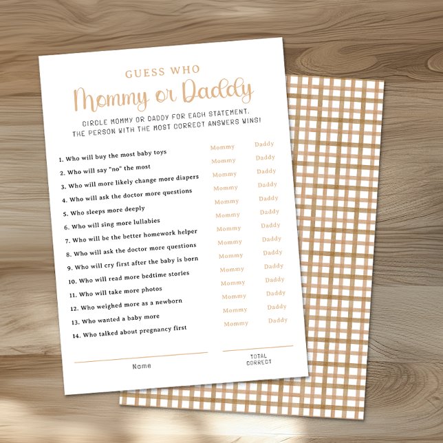 Taupe Mommy or Daddy Baby Shower Game Card (Mommy or Daddy Game Sheet)