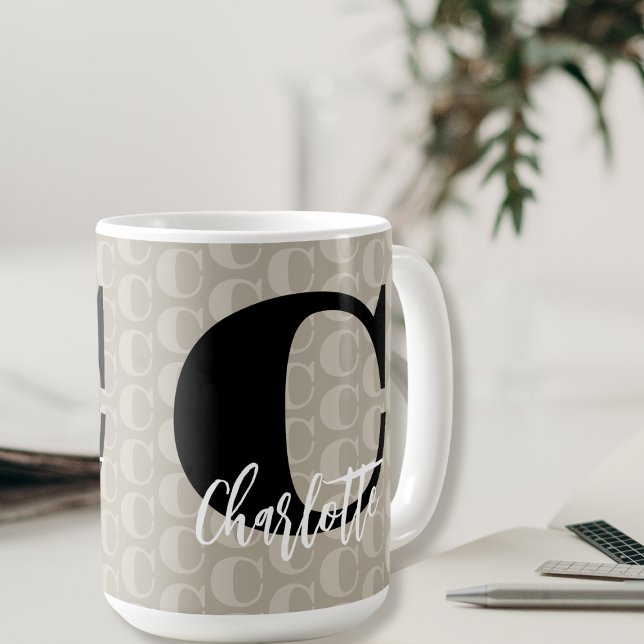 Taupe Monogram Pattern Black White Script Name  Coffee Mug (Creator Uploaded)