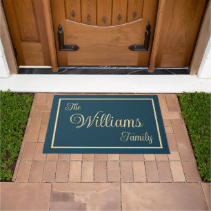 Taupe Navy Elegant Script Family Name Welcome Gift Doormat