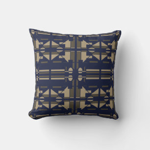 Taupe Navy Mediterranean Large Tile Mosaics Motif Throw Pillow