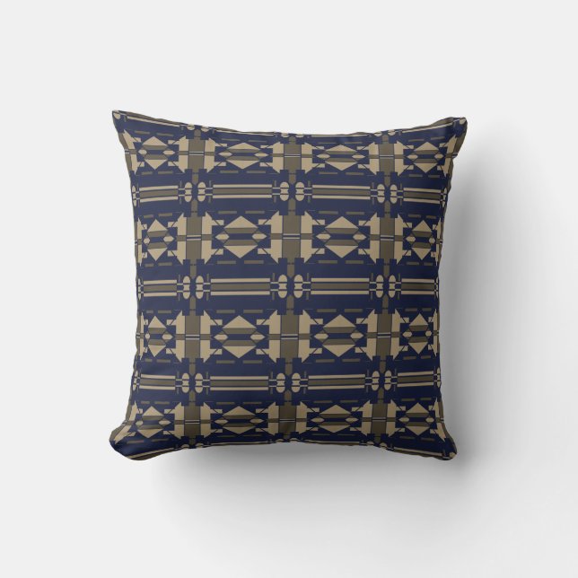 Taupe Navy Mediterranean Small Tile Mosaics Motif Throw Pillow (Front)