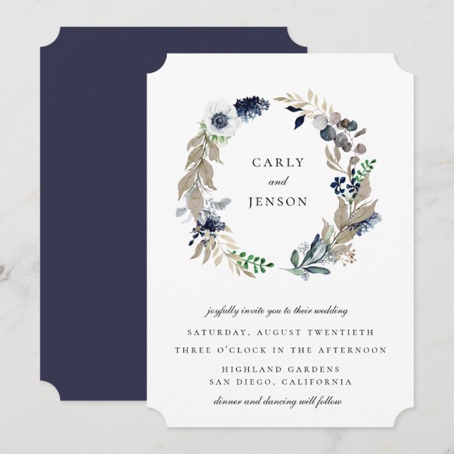 Taupe + Navy Wreath Wedding Invitation (Front/Back)
