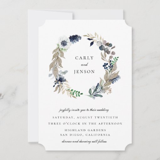 Taupe + Navy Wreath Wedding Invitation | Zazzle