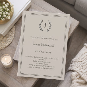 Taupe neutral monogrammed wreath birthday invitation