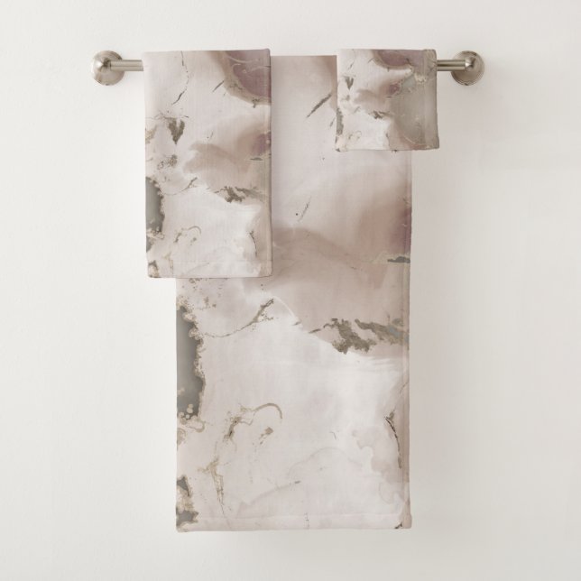 Taupe palette ink and gold abstract bath towel set (Insitu)