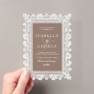 Taupe Paper Lace Doily Old Money Wedding Acrylic Enclosure Card