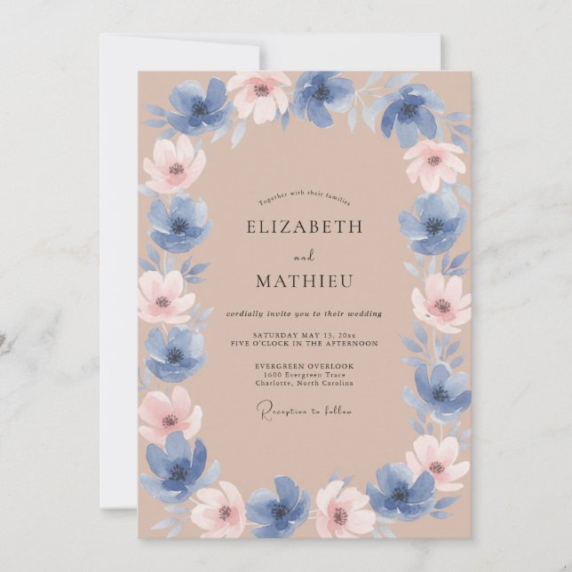 Taupe Periwinkle Blossom Wedding Invitation (Front)