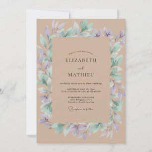 Taupe Periwinkle Foliage Eucalyptus Wedding Invitation