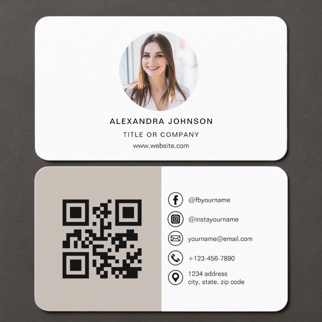 Taupe Photo QR Code Business Card (Creator Uploaded)