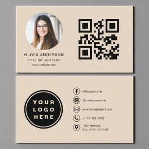 Taupe Photo with QR Code Social Media Business Card