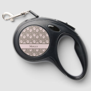 Taupe & Pink Paw Print Retractable Dog Leash