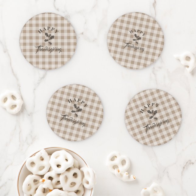 Taupe Plaid Modern Foliage Happy Thanksgiving Coaster Set (In Situ)