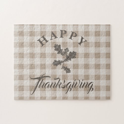 Taupe Plaid Modern Foliage Happy Thanksgiving Jigsaw Puzzle