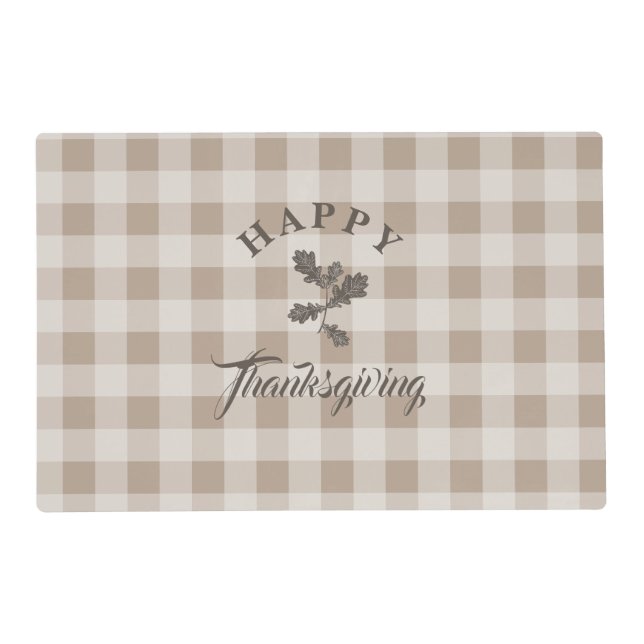 Taupe Plaid Modern Foliage Happy Thanksgiving Placemat (Front)