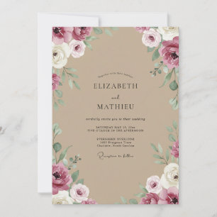 Taupe Plum Ranunculus Eucalyptus Wedding Invitation