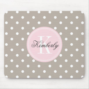 Taupe Polka Dot with Pink Monogram Mouse Pad