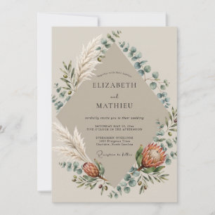 Taupe Protea Pampas Eucalyptus Wedding Invitation