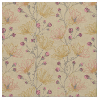 Taupe Raspberry And Mustard Floral Pattern Fabric