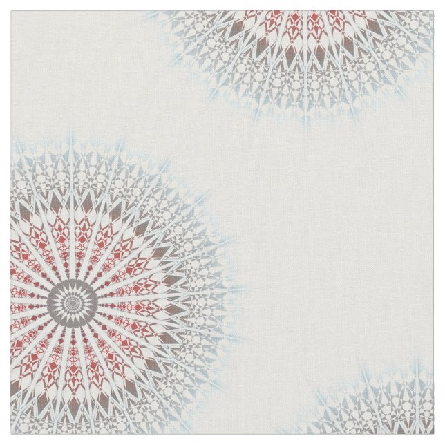 Taupe Red Blue White Mandala Fabric (Close Up)