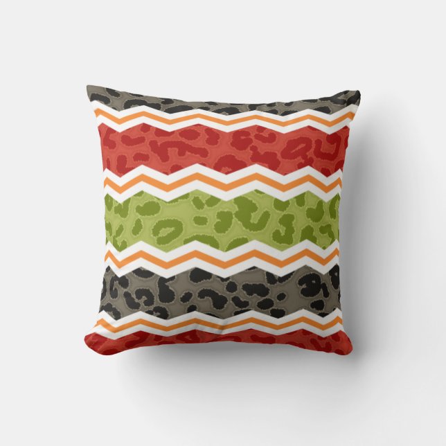 Taupe, Red, Green, and Orange Leopard Throw Pillow (Front)