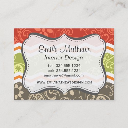 Taupe Red Green and Orange Paisley Chevron Business Card