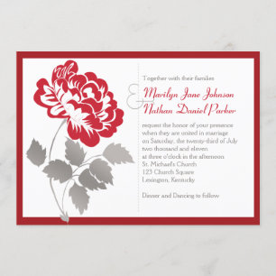 Taupe, Red Peony on White Wedding Invitation