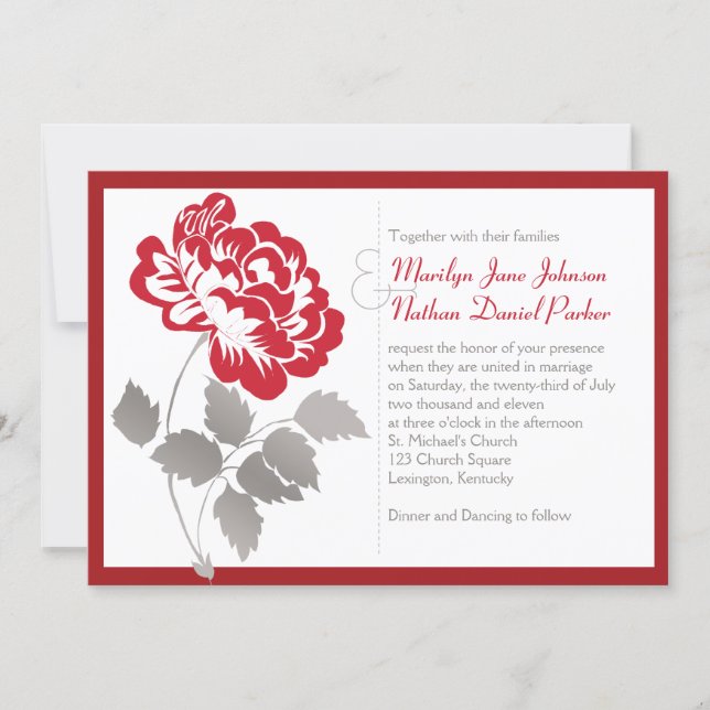 Taupe, Red Peony on White Wedding Invitation (Front)