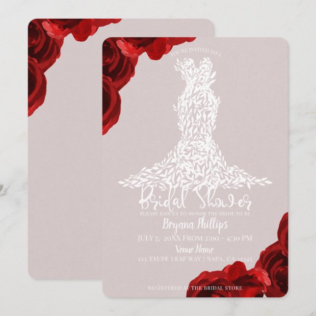 Taupe Red Roses White Leaves Dress Bridal Shower Invitation (Front/Back)