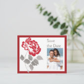 Taupe Red White Peony PHOTO Save the Date Card (Standing Front)