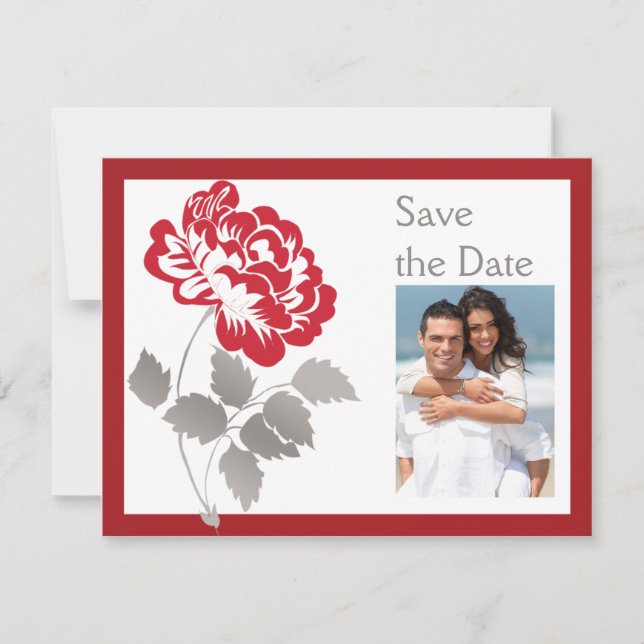 Taupe Red White Peony PHOTO Save the Date Card (Front)