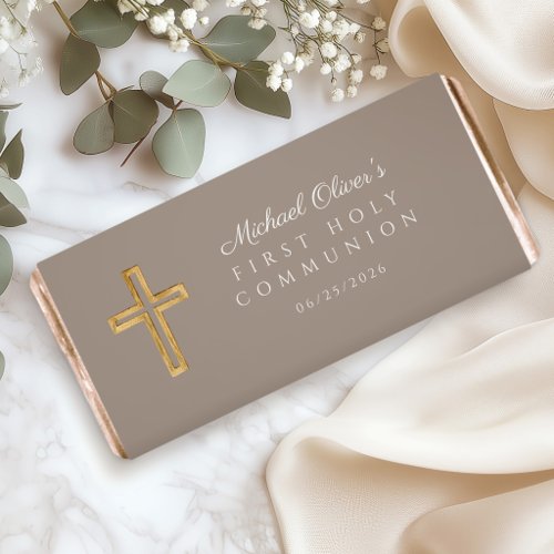 Taupe Religious Cross Boy First Communion Hershey Bar Favors