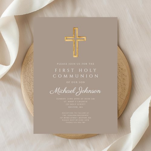 Taupe Religious Cross Boy First Holy Communion Invitation