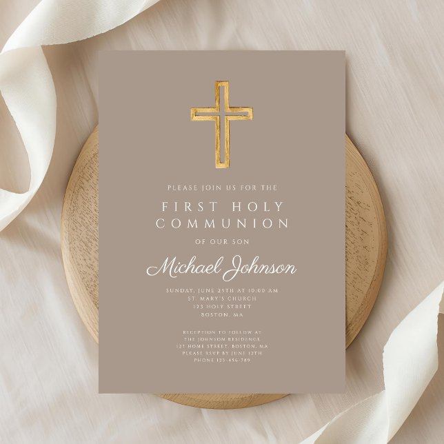 Taupe Religious Cross Boy First Holy Communion Invitation (Taupe Religious Cross Boy First Holy Communion Invitation)