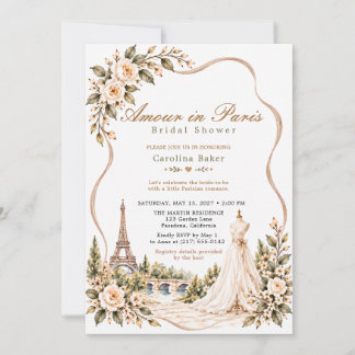 Taupe Romantic Parisian Floral Gown Bridal Shower Invitation