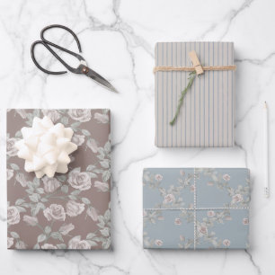 Taupe Rose, Blue Stripe & Dusty Blue Trellis Wrapping Paper Sheets