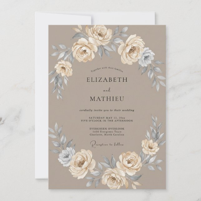 Taupe Rose Botanical Romance Wedding Invitation (Front)