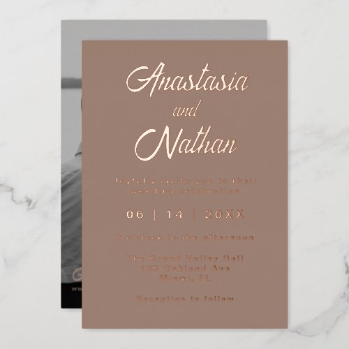 Taupe Rose Gold Photo Wedding Foil Invitation