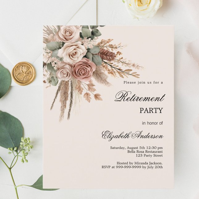 Taupe roses pampas retirement party invitation (Creator Uploaded)
