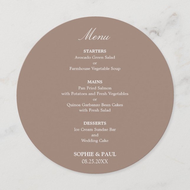 Taupe Round Wedding Menu (Front)